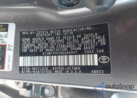 2017 Toyota Camry Xle из США, поврежденный, VIN 4T1BF1FK3HU344041